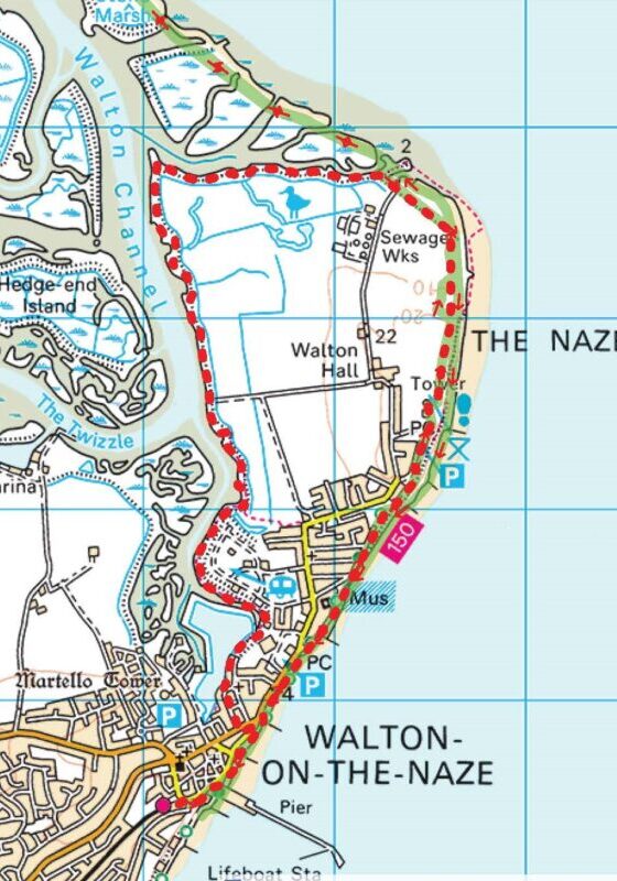 Printer friendly OS Map - SWC Walk 98 - Walton-on-the-Naze Circular - SWC